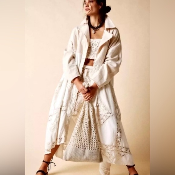 NWT Free People Lily Duster Trench Coat Maxi Belted Lace Crochet Ivory Cream LG